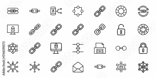 Hand-drawn style icons representing blockchain technology, network security, and digital connections for modern tech and finance applications
