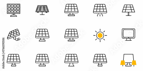 Empowering Sustainable Future Icons: Modern Solar Panel Set for Clean Energy Solutions and Eco-Friendly Living, Renewable Resources and Technology