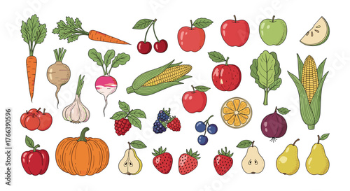 Assortment of Fresh Fruits and Vegetables Collection.