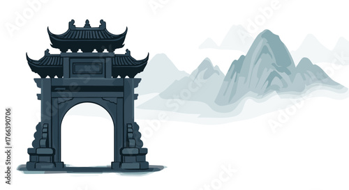 Detailed Stone Archway with Traditional Asian Design and Intricate Carvings.