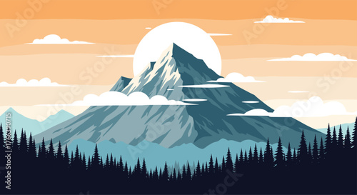Stylized vector illustration of a majestic snow capped mountain peak.