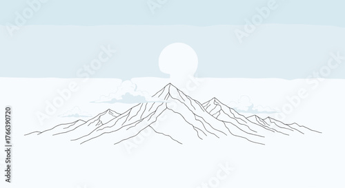 Minimalist Mountain Range Line Art with Sun and Clouds.