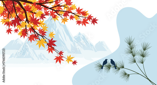 Autumnal Serenity - Birds Amidst Maple Leaves and Distant Mountains.