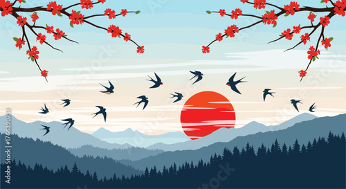 Birds soaring gracefully against the backdrop of a vibrant sunset.