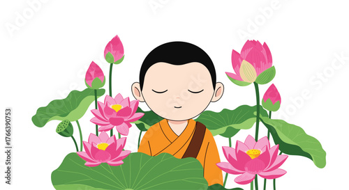 Meditating monk surrounded by lotus flowers in peaceful contemplation.