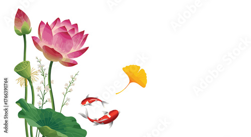 Pink Lotus Flower with Koi Fish and Ginkgo Leaf.