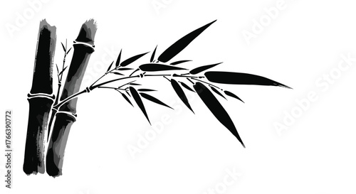 Ink Bamboo Stalks and Leaves - A Minimalist Asian Art Piece.
