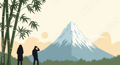 Two people admiring the majestic snow-capped mountain peak.