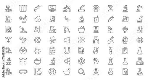 Science and Laboratory Icons: Chemistry, Research, Biotechnology, Experiment, and Microbiology Line Vector Set