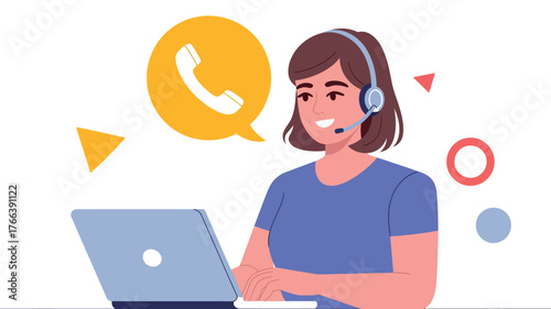 A friendly customer service representative wearing a headset answers a call on her laptop.