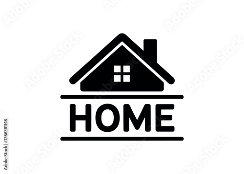 A black silhouette of a house with the word HOME written below it.