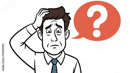 A man expresses confusion and worry as a question mark appears in a speech bubble.