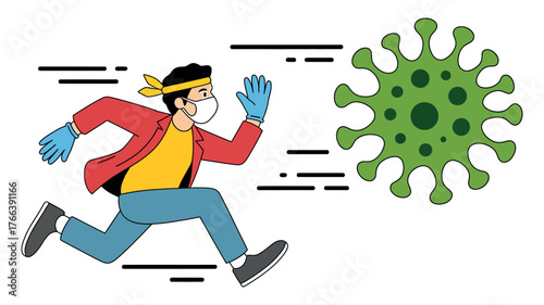 A person wearing a mask and gloves runs away from a coronavirus.