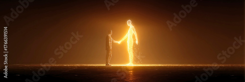 A man shaking hands with an enlightened person created by technology
