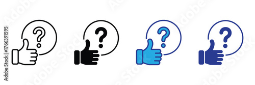 Set of four icons representing a thumbs up gesture with a question mark inside a circle, isolated on white background