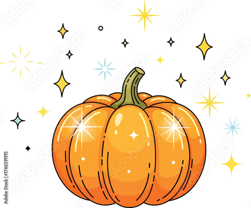 A bright orange pumpkin with sparkling highlights and scattered starbursts, symbolizing autumn and Halloween.
