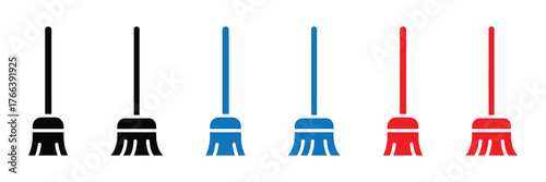Collection of six brooms in black, blue, and red, isolated on white background
