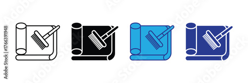 Set of four icons representing wallpapering tools, including a roll of wallpaper and a brush, on a white background