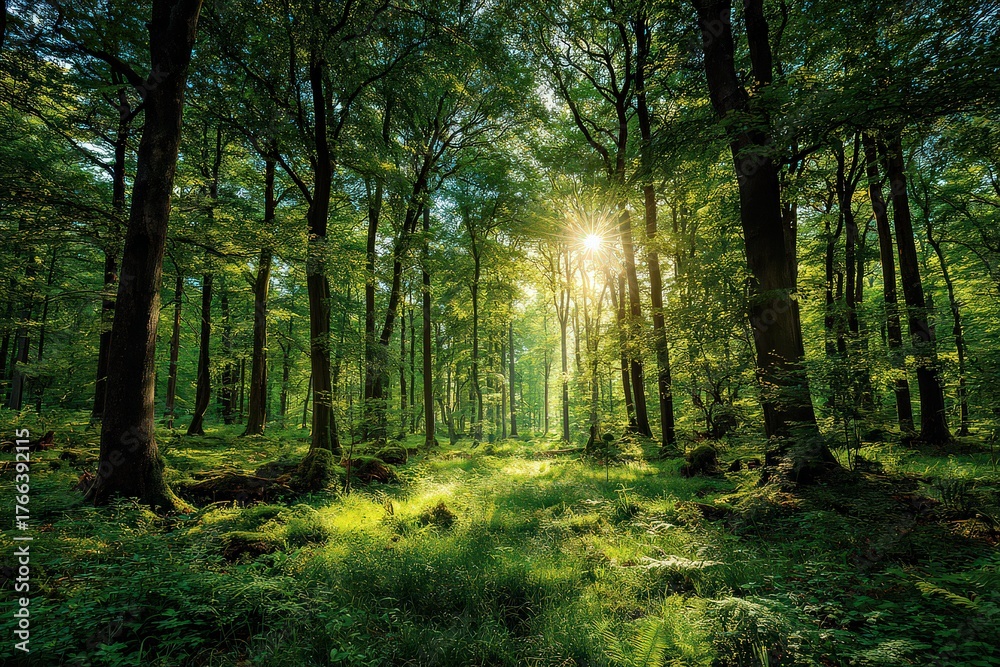 Fototapeta premium Sunlit Forest Canopy with Green Foliage and Dense Undergrowth in Woodlands Scenery at Golden Hour with Sunlight Streaming Through the Leaves