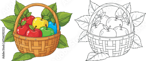 Woven basket filled with colorful apples illustration and line art coloring page clip art.