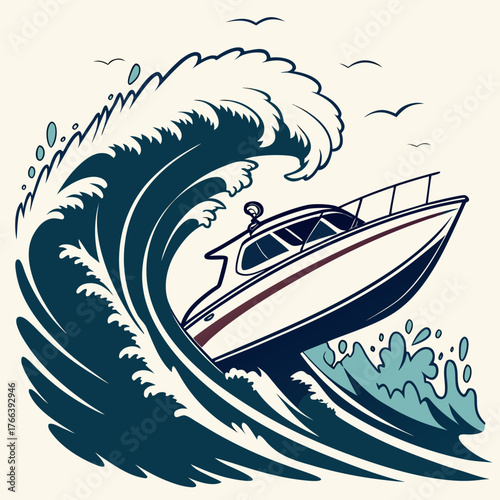 Boat riding a large ocean wave