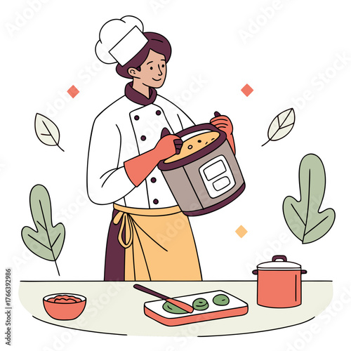 Chef cooking with pot isolated