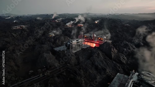 Futuristic structures on a volcanic landscape, emitting steam and glowing