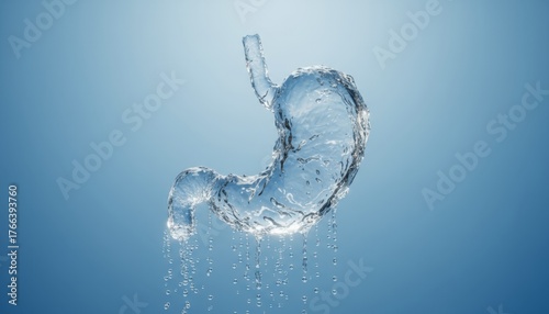 Hyperrealistic translucent water sculpture of a human stomach suspended mid-air, showing folds and contours with flowing rivulets and droplets on a blue gradient backdrop.
