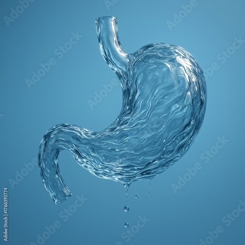 Stunning hyperrealistic water stomach illustration with intricate anatomical curves, dynamic droplets, and soft ethereal lighting against a calming gradient backdrop.