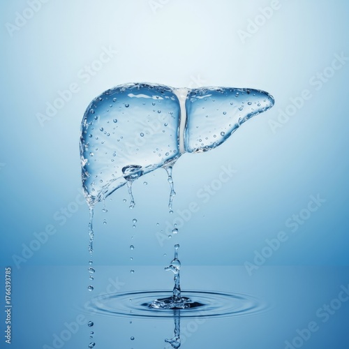 Ethereal liquid liver concept illustration, with crystal-clear details, dripping droplets, and a minimalist serene blue gradient backdrop for wall art and decor.