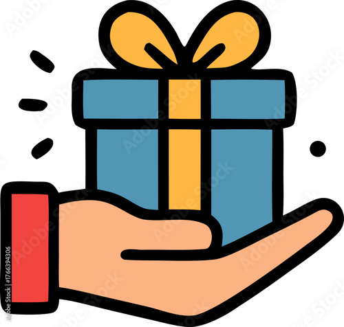 Hand holding a wrapped blue gift box, suitable for various occasions, such as birthdays, holidays, celebrations, and surprises. Ideal for greeting cards or promotional materials.