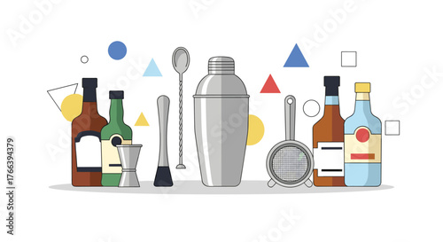 Craft cocktail set with shaker, bottles and bar tools for creative mixology and elegant happy hour events at home or professional bar settings