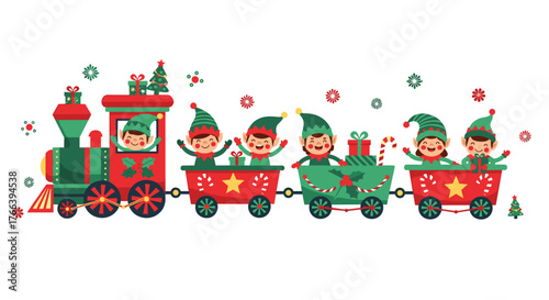 Delightful Christmas adventure with cheerful elves riding a vibrant holiday train delivering gifts and candy canes for a joyous celebration