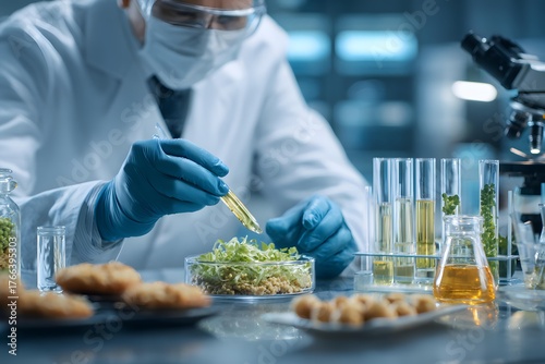 Food scientist in lab developing plant-based protein, test tubes and food samples, futuristic food tech,