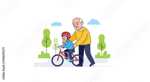 Grandfather lovingly teaches his grandson to ride a bike in the park on a beautiful day creating precious memories together