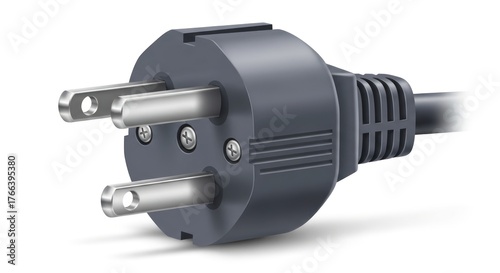 Detailed close-up of a three-prong gray electrical power plug with cable on a white background