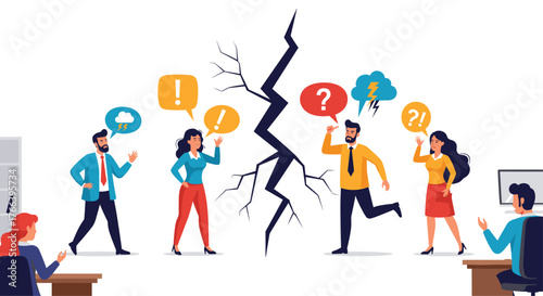 Workplace conflict illustration showing frustration and division among colleagues after disagreement, ideal for HR and team building resources