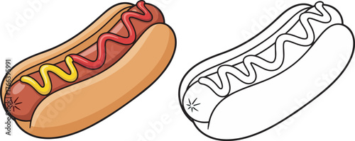 Cartoon hot dog illustration with ketchup and mustard alongside line art outline isolated on white background