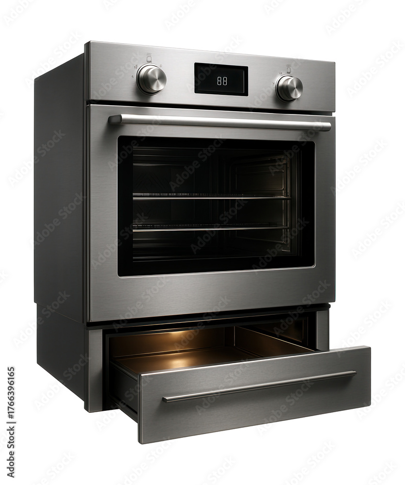 Fototapeta premium A built-in oven with a warming drawer, perfect for keeping meals warm in busy homes.