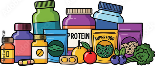 Assortment of colorful dietary supplement bottles and healthy food items on a white background