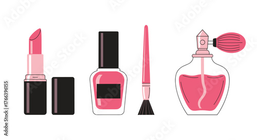 Elegant pink cosmetic collection including perfume, lipstick, nail polish, and brush for beauty bloggers and stylish lifestyle content creators