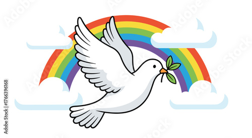 Soaring white dove with olive branch offers hope and peace beneath a vibrant rainbow after the storm, spreading a message of unity and new beginnings