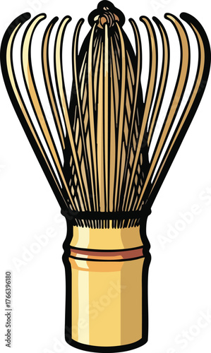Bamboo Whisk For Matcha Tea Preparation With Golden Handle And Red Accents On White Background