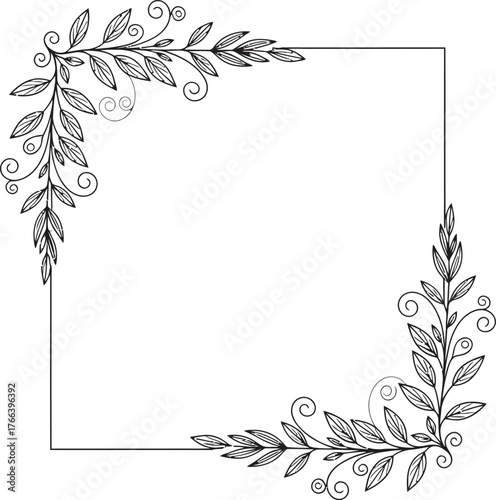 Elegant hand drawn floral border design with delicate leaves and swirls on white background