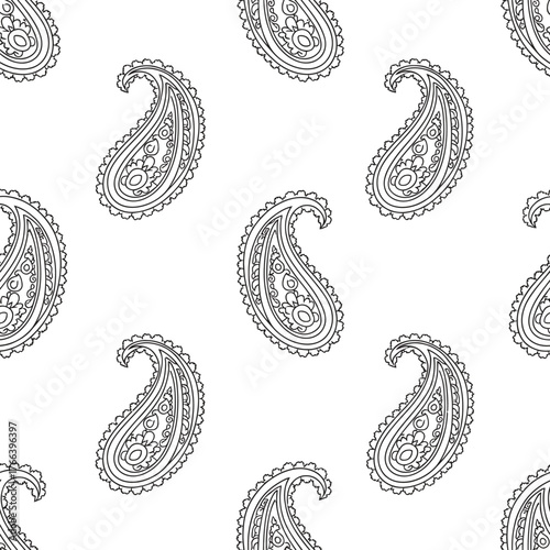 Seamless black and white paisley pattern with intricate details on a clean white background