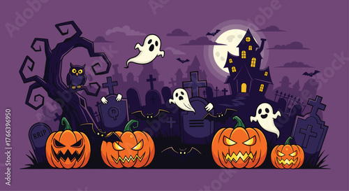 Spooky Halloween night scene with haunted house, pumpkins, ghosts, bats, graveyard and owl, perfect for themed cards and festive invitations