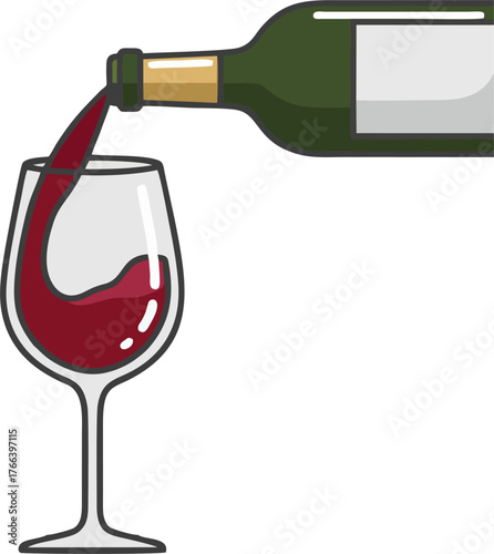 Wine Bottle Pouring Red Wine Glass Vector – Minimalist Drink Illustration, Flat Modern Style