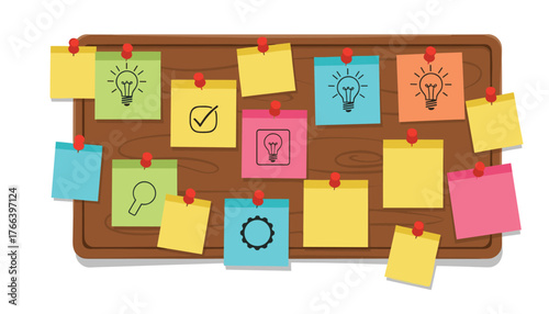 Brainstorming for business ideas and to-do list on a colorful sticky note board for planning, project management, and goal setting