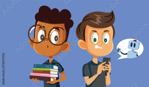 Student Cheating with AI While His Colleague Studies Vector Illustration. Two kids learning in different ways one ethical one unethical 