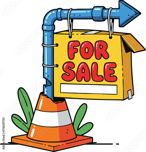 For Sale Sign Attached To Blue Pipe And Orange Traffic Cone With Green Leaves In Background